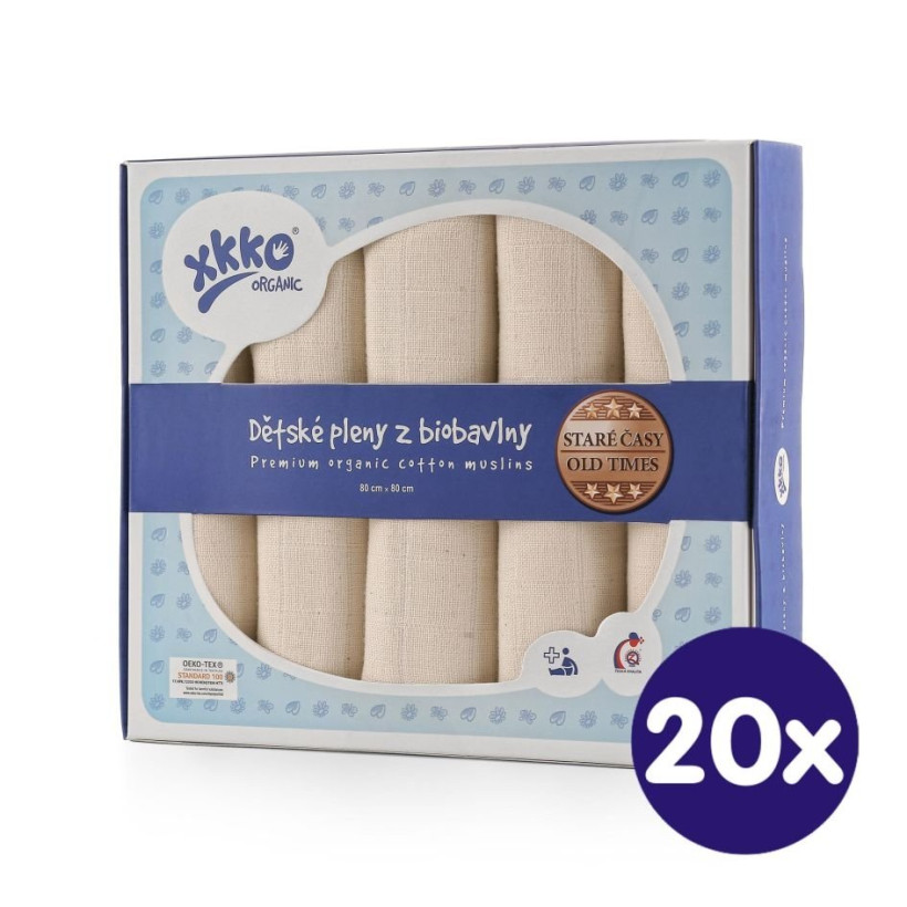 Plienky z biobavlny XKKO Organic 80x80 - Staré časy Natural 20x5ks VO bal.