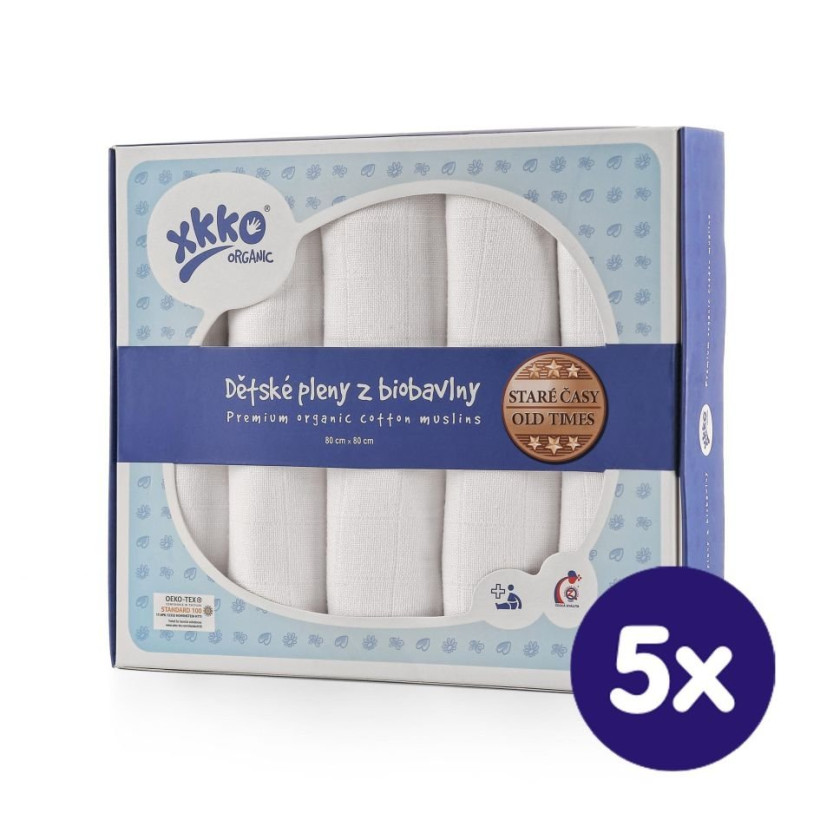 Plienky z biobavlny XKKO Organic 80x80 Staré časy - Biele 5x5ks VO bal.