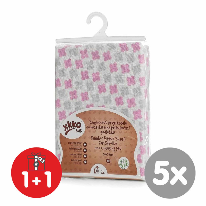Bambusové posteľné prestieradlo XKKO BMB 120x60 - Baby Pink Cross 5x1ks (VO bal.)