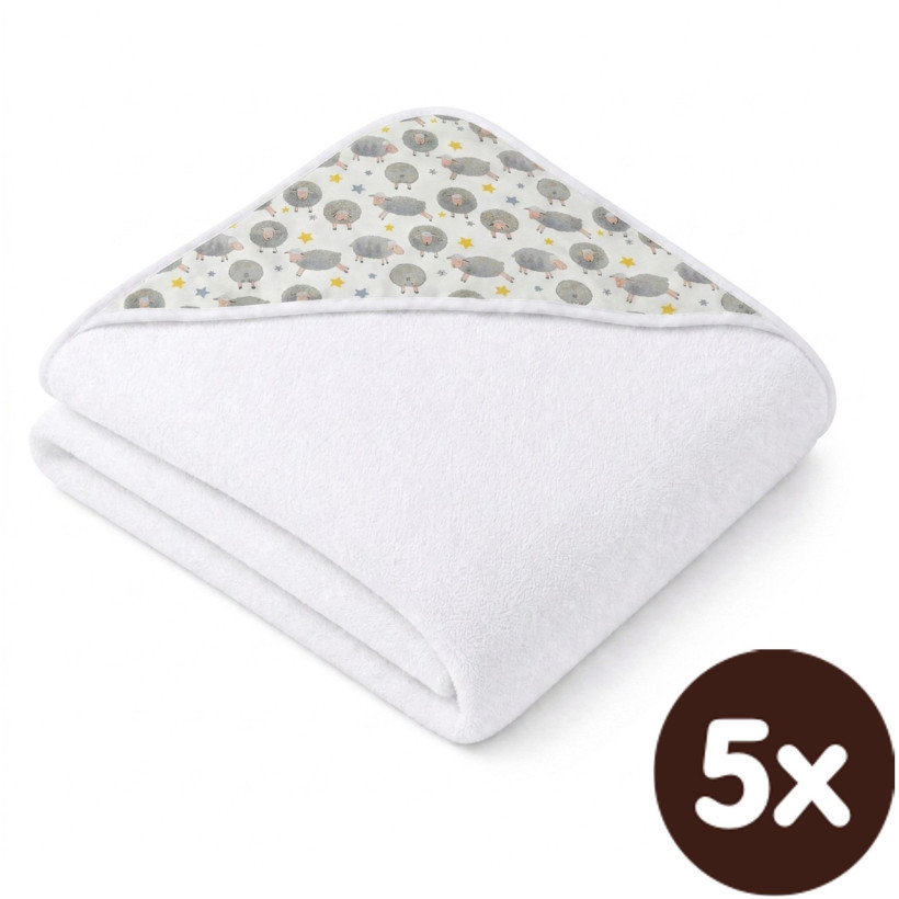 Bambusová froté osuška s kapucňou XKKO BMB 90x90 - Dreamy Sheeps 5x1ks (VO bal.)