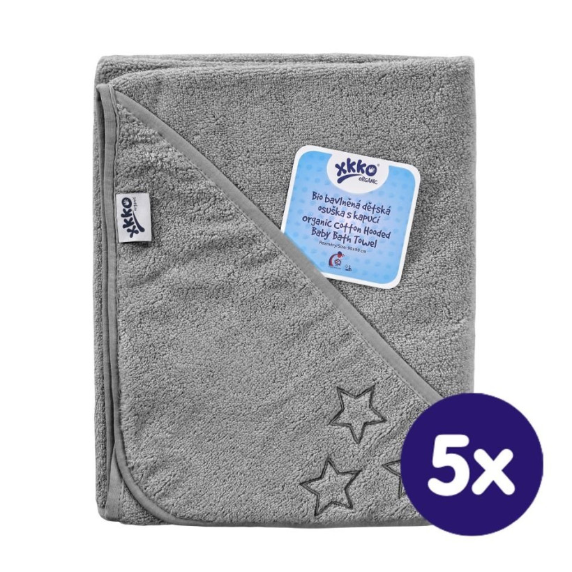 BIO Bavlnená froté osuška s kapucňou XKKO Organic 90x90 - Silver Stars 5x1ks (VO bal.)