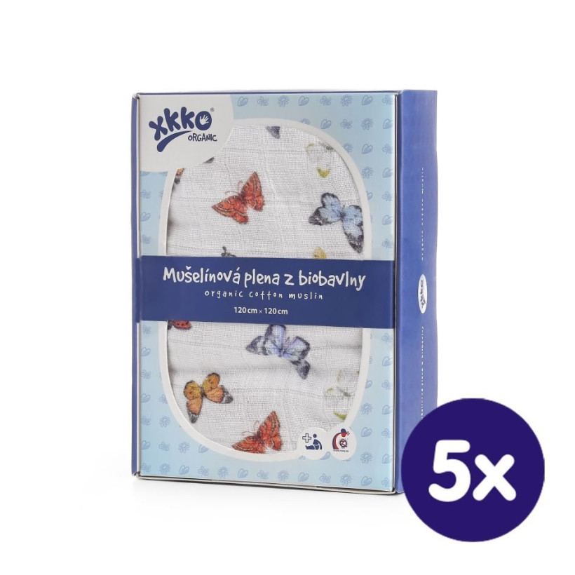 Biobavlnená plienka XKKO Organic 120x120 - Butterflies 5x1ks (VO balenie)