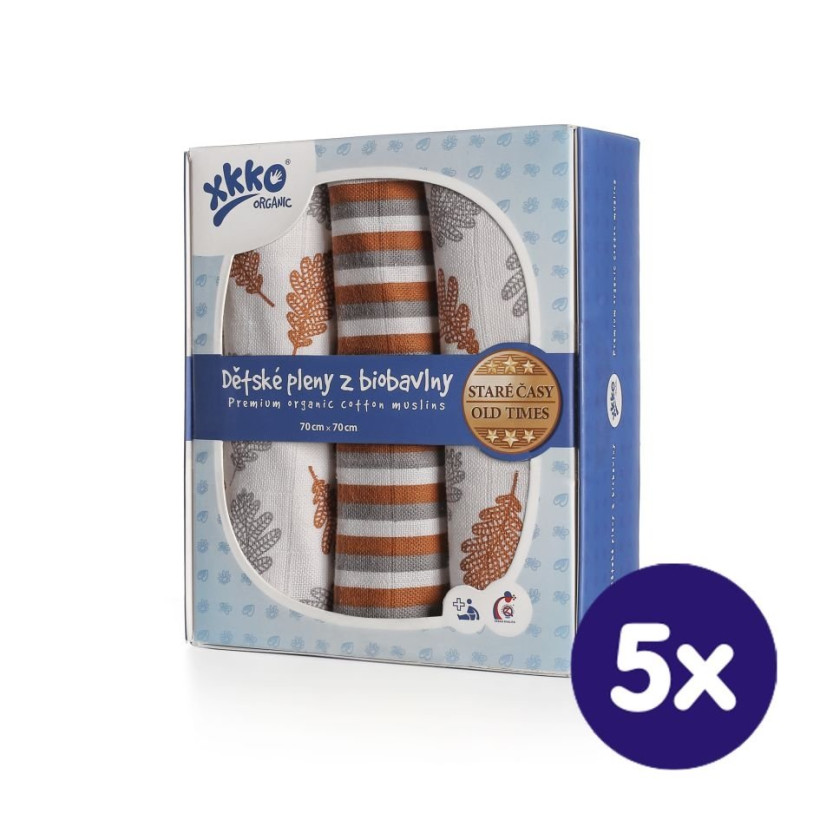 Plienky z biobavlny XKKO Organic 70x70 Staré časy - Dub 5x3ks (VO bal.)