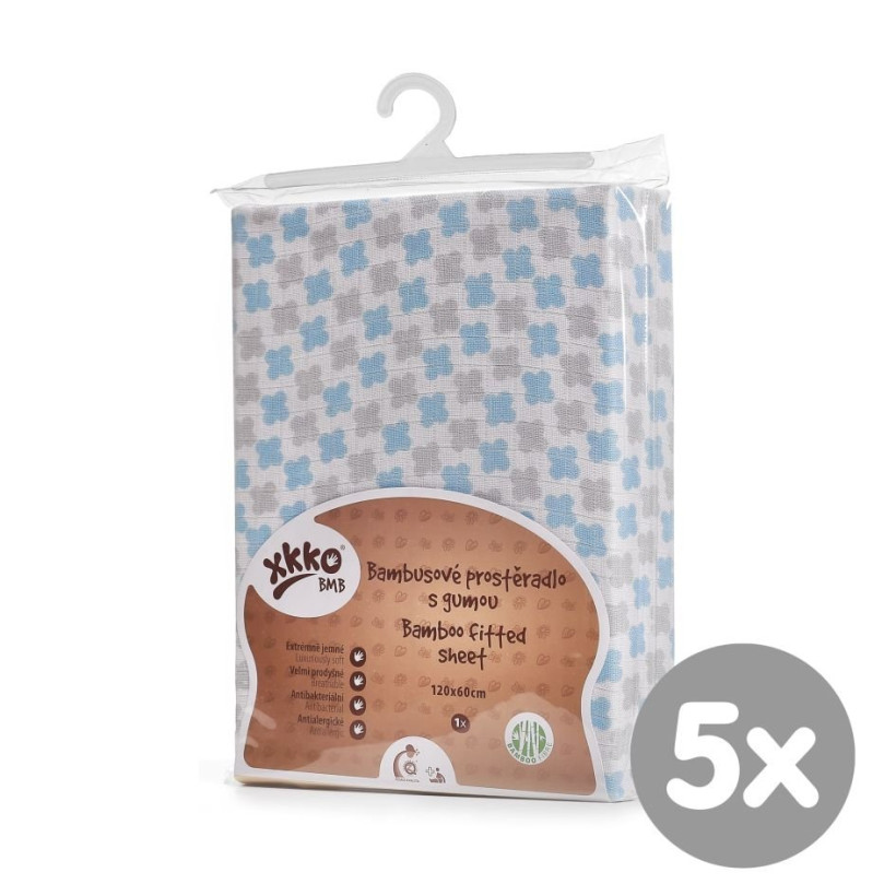 Bambusové posteľné prestieradlo XKKO BMB 120x60 - Baby Blue Cross 5x1ks (VO bal.)