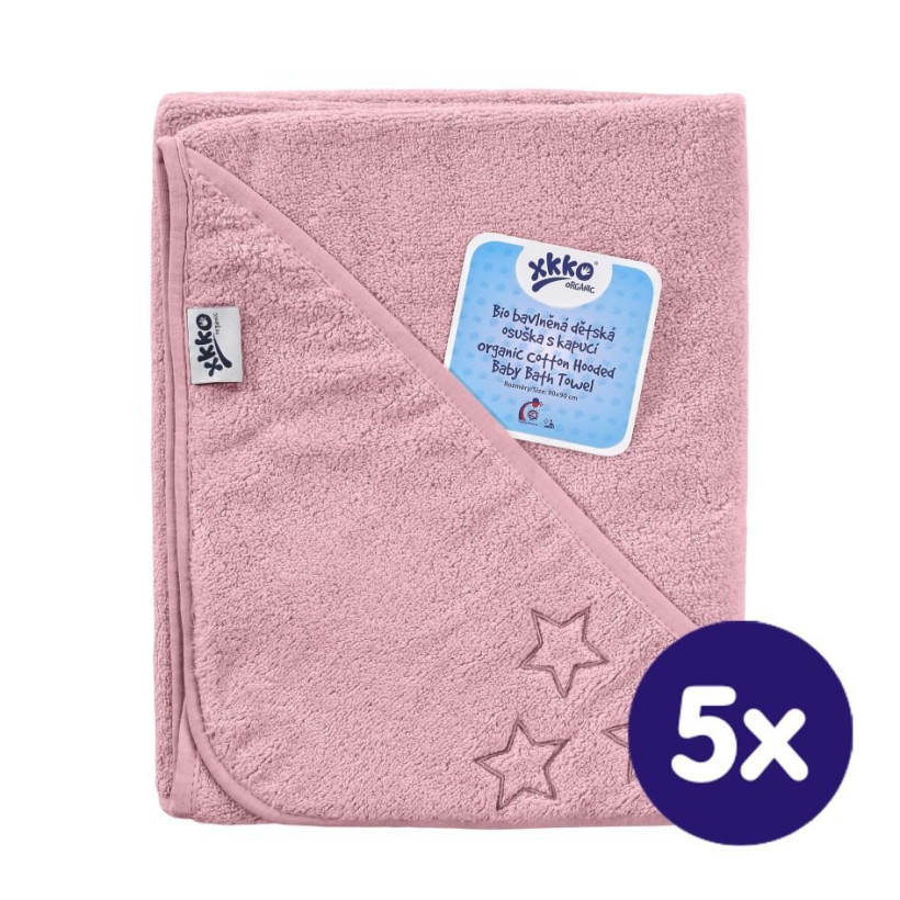 BIO Bavlnená froté osuška s kapucňou XKKO Organic 90x90 - Baby Pink Stars 5x1ks (VO bal.)