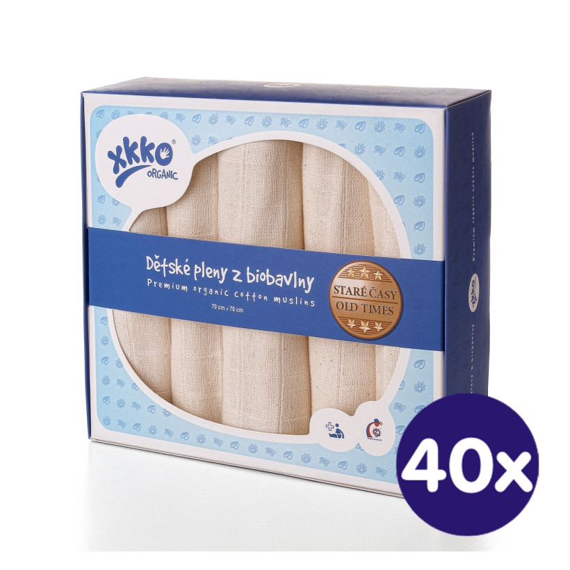 Plienky z biobavlny XKKO Organic 70x70 Staré časy - Natural 40x5ks VO bal.