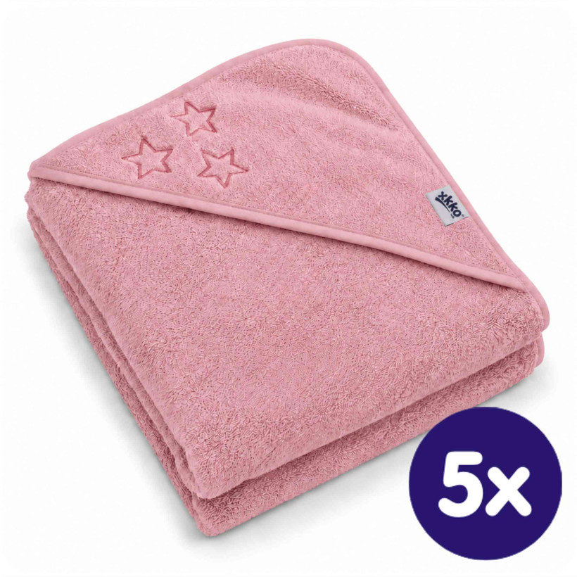 BIO Bavlnená froté osuška s kapucňou XKKO Organic 90x90 - Baby Pink Stars 5x1ks (VO bal.)