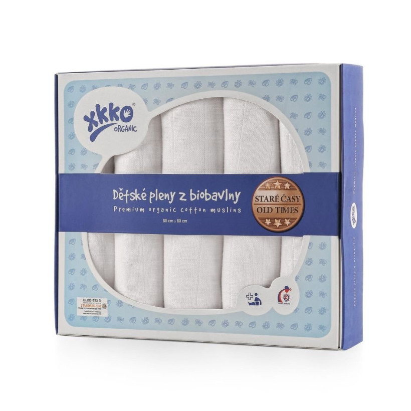 Plienky z biobavlny XKKO Organic 80x80 Staré časy - Biele