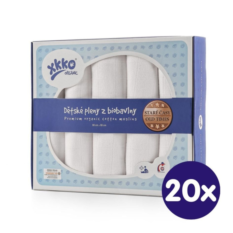 Plienky z biobavlny XKKO Organic 80x80 Staré časy - Biele 20x5ks VO bal.