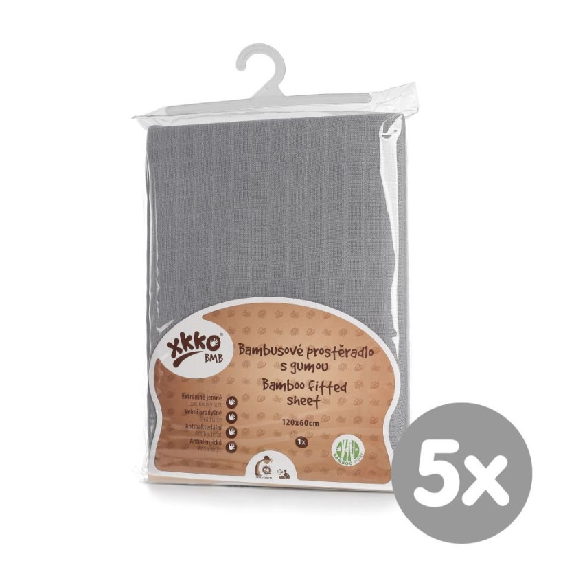 Bambusové posteľné prestieradlo XKKO BMB 120x60 - Baby Grey 5x1ks (VO bal.)