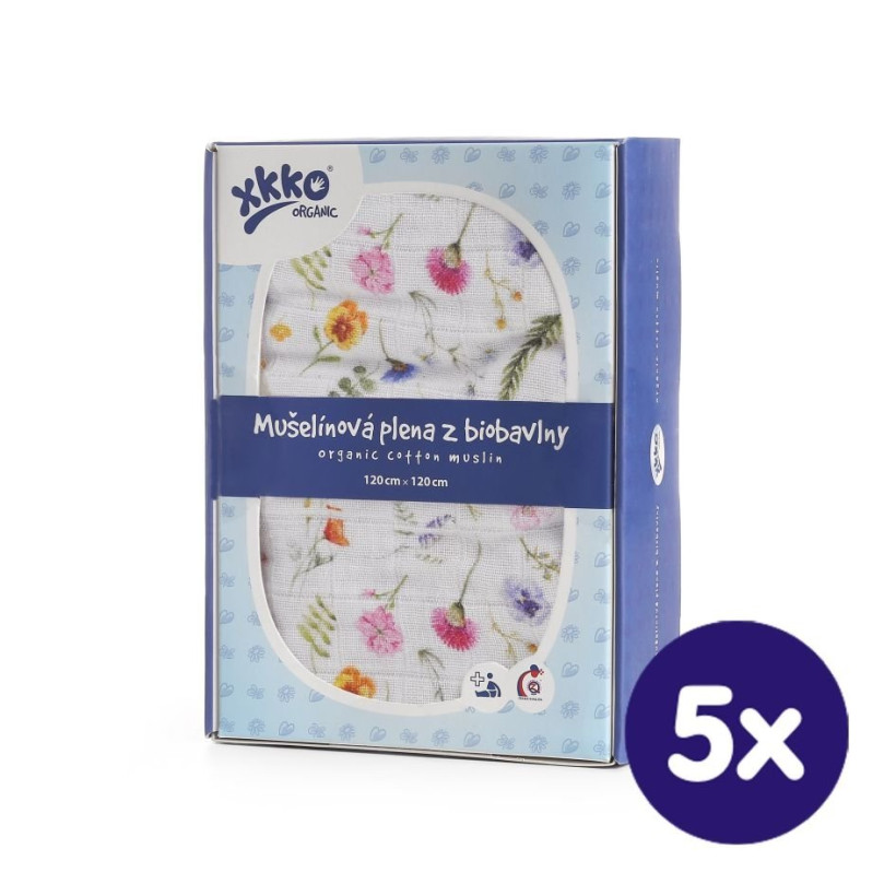 Biobavlnená plienka XKKO Organic 120x120 - Summer Meadow 5x1ks (VO balenie)