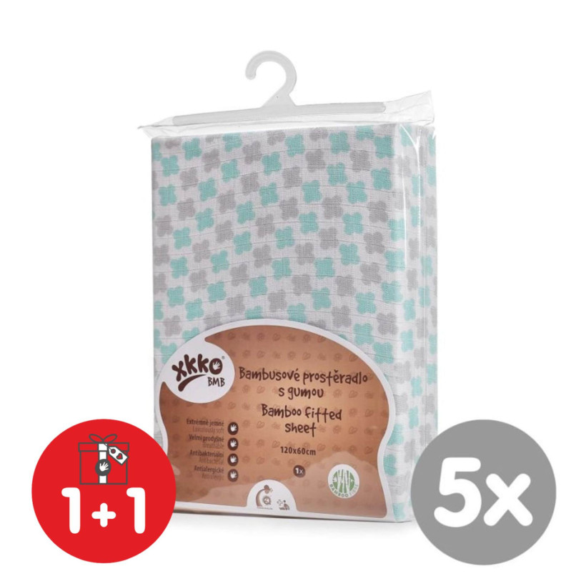 Bambusové posteľné prestieradlo XKKO BMB 120x60 - Mint Cross 5x1ks (VO bal.)