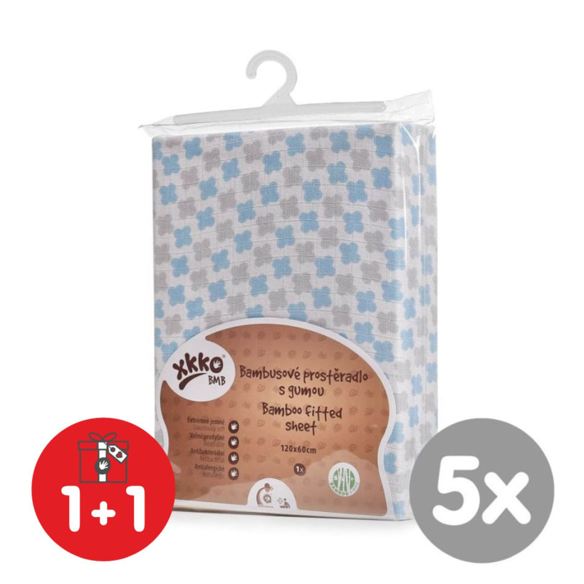 Bambusové posteľné prestieradlo XKKO BMB 120x60 - Baby Blue Cross 5x1ks (VO bal.)