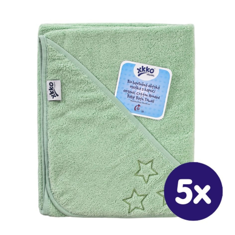 BIO Bavlnená froté osuška s kapucňou XKKO Organic 90x90 - Mint Stars 5x1ks (VO bal.)