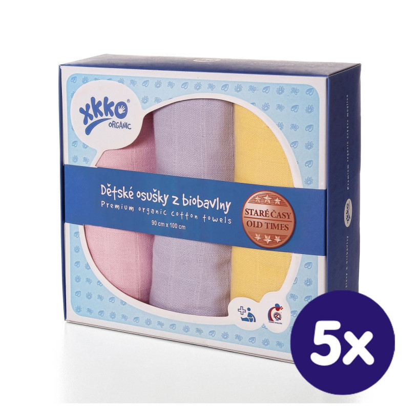 Osušky z biobavlny XKKO Organic 90x100 Staré časy - Pastels For Girls 5x3ks VO bal.
