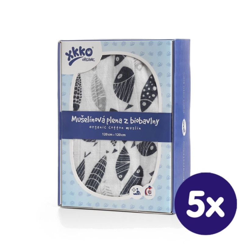 Biobavlnená plienka XKKO Organic 120x120 - Silver Fish 5x1ks (VO balenie)