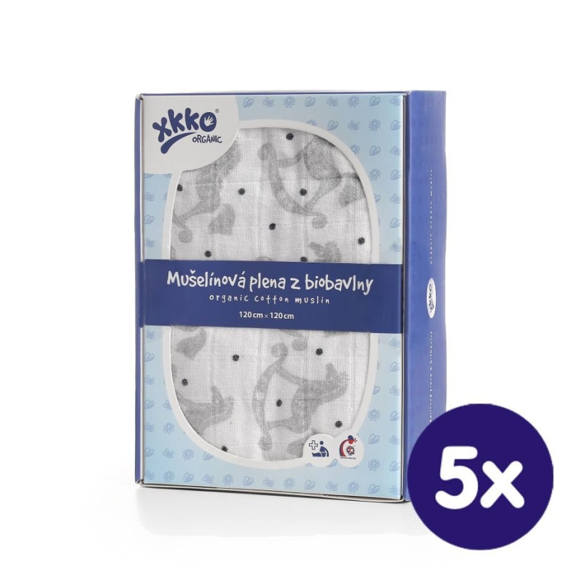 Biobavlnená plienka XKKO Organic 120x120 - Rocking Horses Silver 5x1ks (VO balenie)
